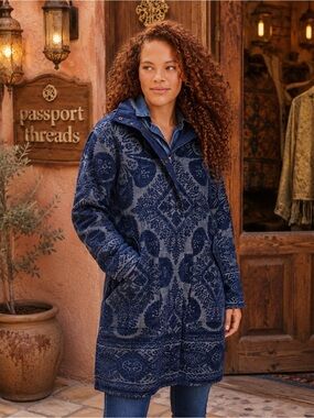 Anthropologie Blue Chenille Tapestry Denim Trim Parka Jacket Size S - EUC
